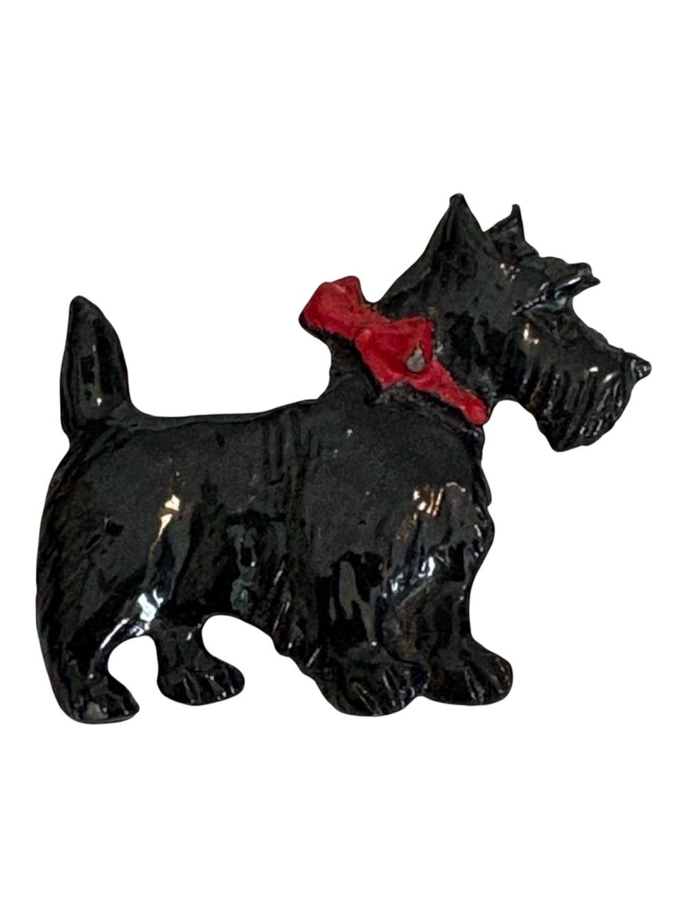 VTG mini Brooch Black glossy painted metal Scottish Terrier Dog with red bow